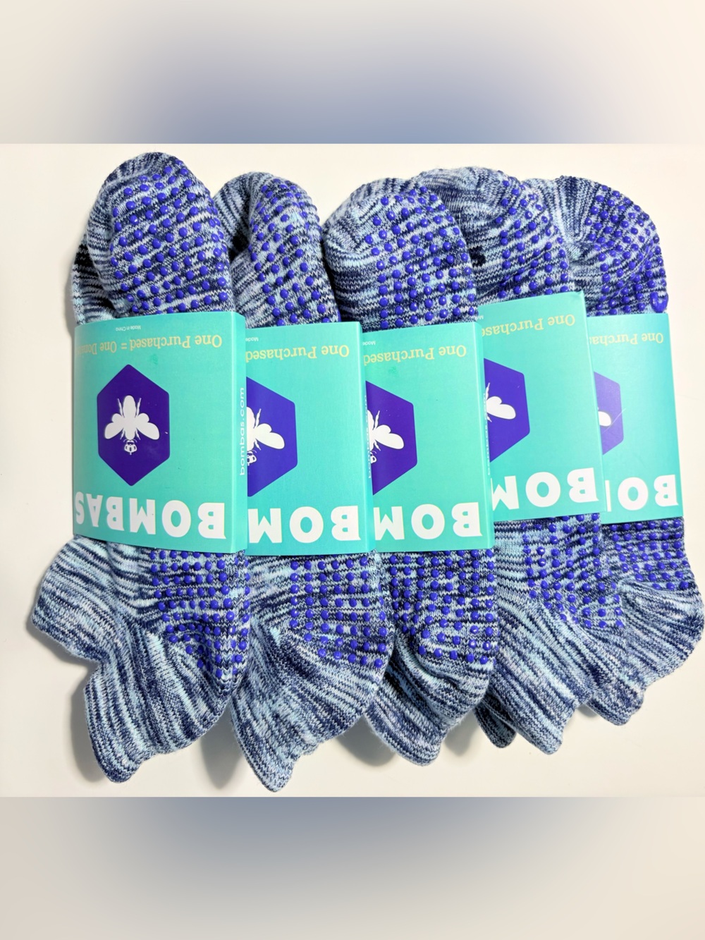 Bombas Women’s No Show Grip Socks Blue Marled Non Slip Yoga Pilates Socks 5-Pack